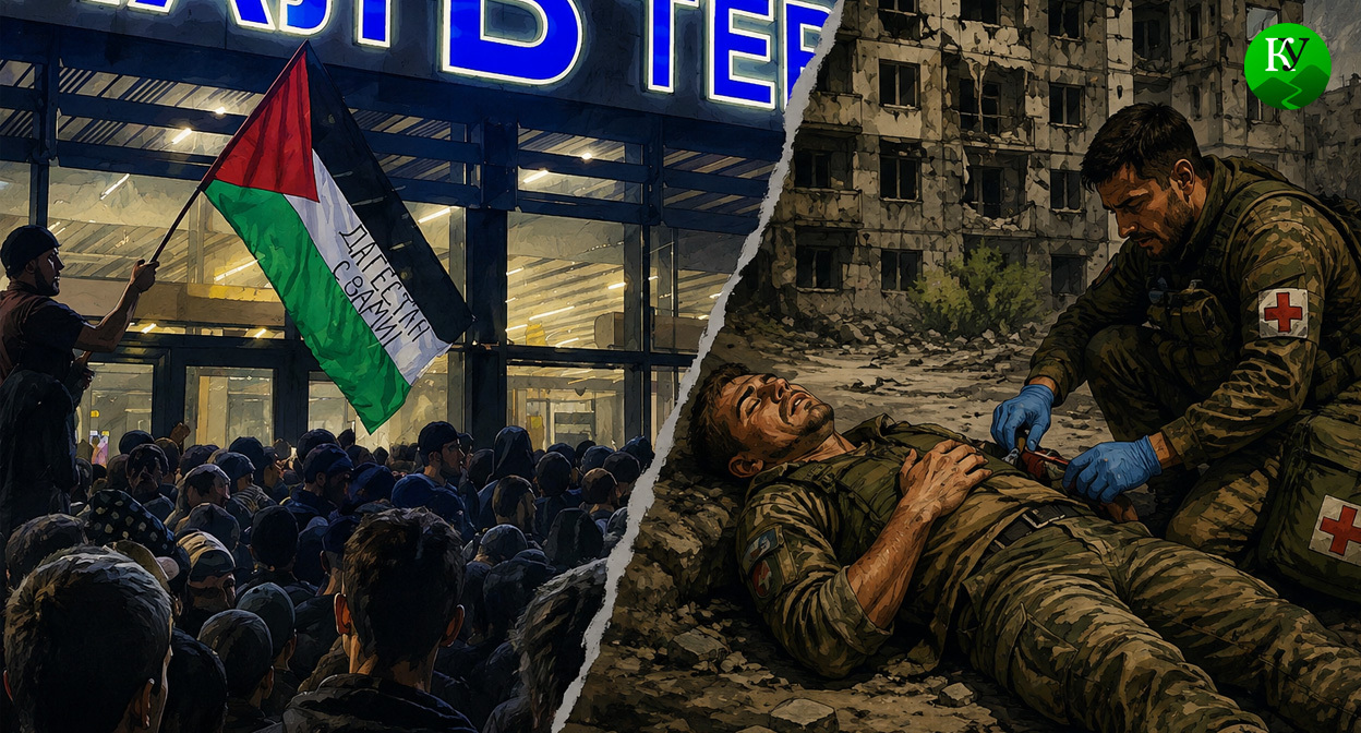 Протест у аэропорта и военные на СВО. Иллюстрация создана «Кавказским узлом» с помощью ИИ в программе Copilot