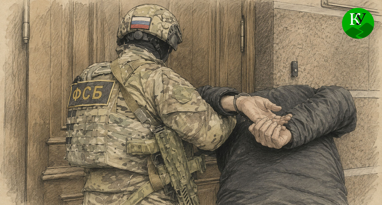 Сотрудник ФСБ задерживает подозреваемого. Иллюстрация создана "Кавказским узлом" при помощи ИИ в программе Copilot
