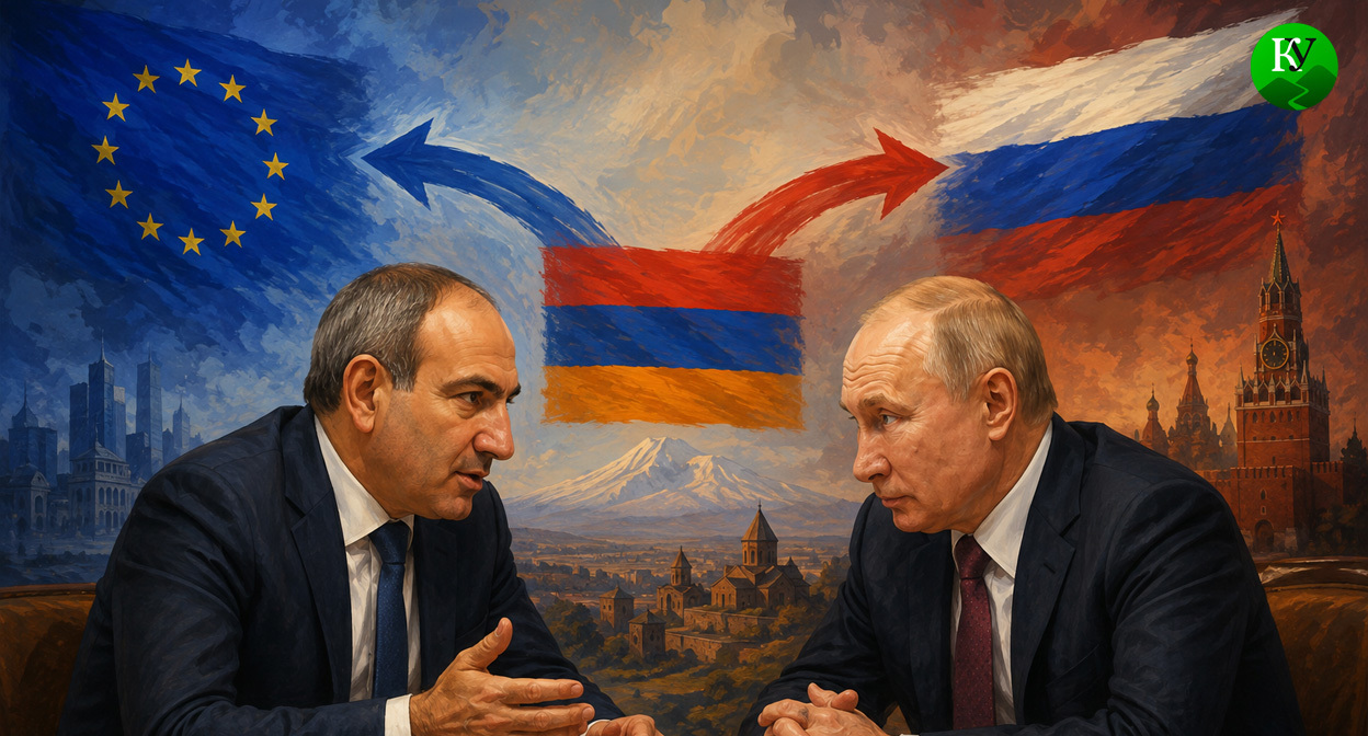 Пашинян и Путин. Иллюстрация создана «Кавказским узлом» с помощью ИИ в программе Copilot