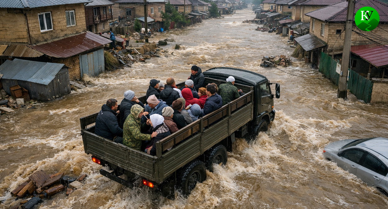 Потоп в селе. Иллюстрация создана «Кавказским узлом» с помощью ИИ в программе Copilot