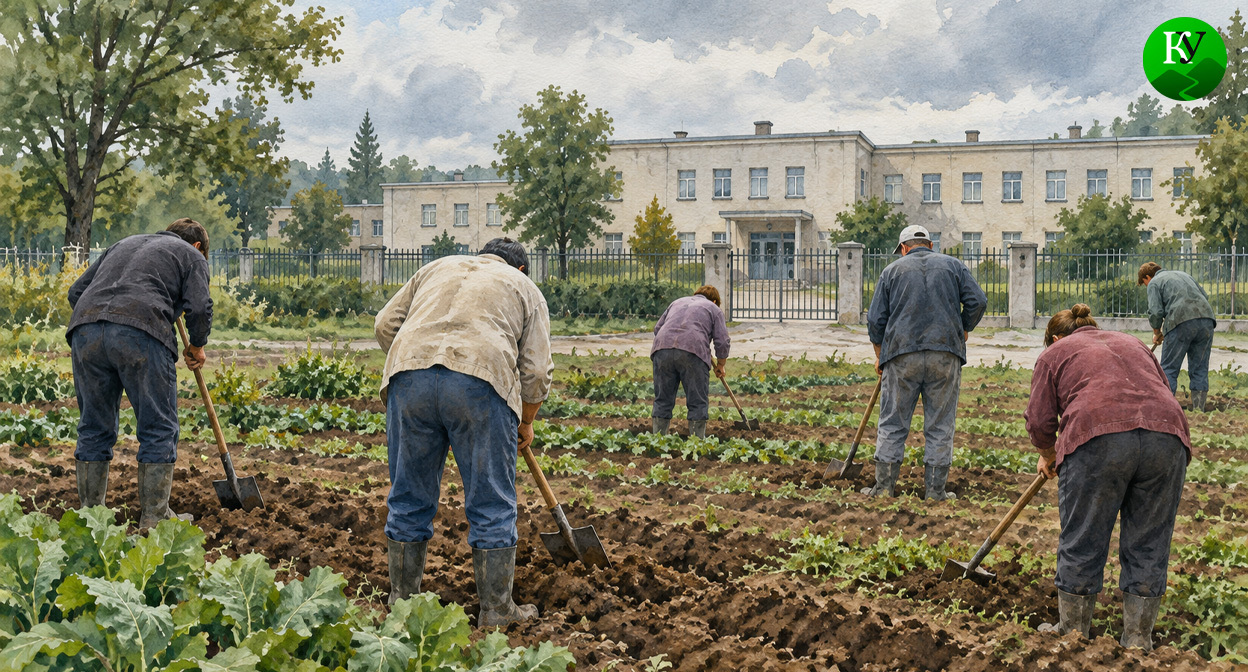 Пациенты интерната на грядках. Иллюстрация создана «Кавказским узлом» с помощью ИИ в программе Copilot